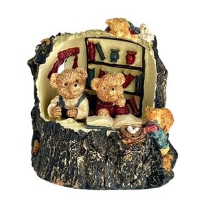 Music Box Teddy Bear‎ Library Figurine Woodland Tree Stump Decor Vintage 4 5 in